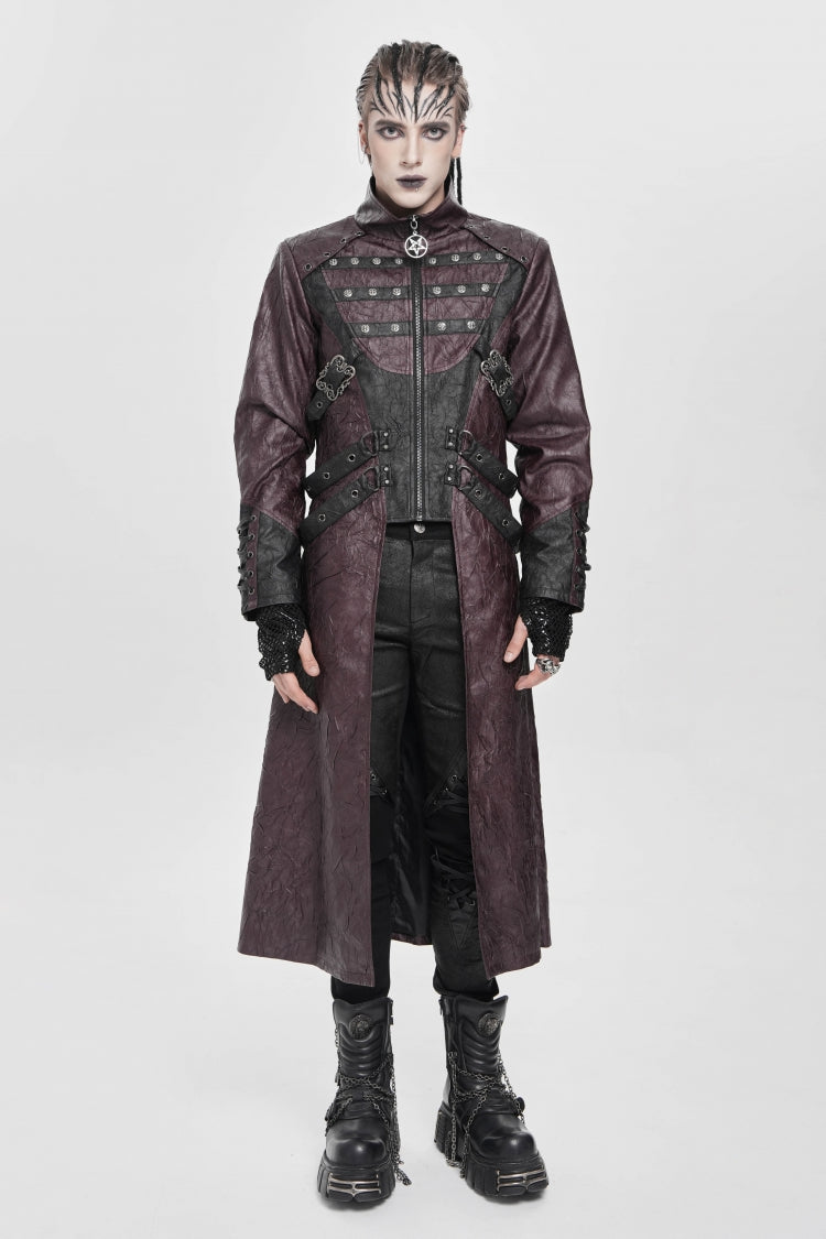Crimson Mandarin Collar Zip Strap Eyelet Men's Punk Coat