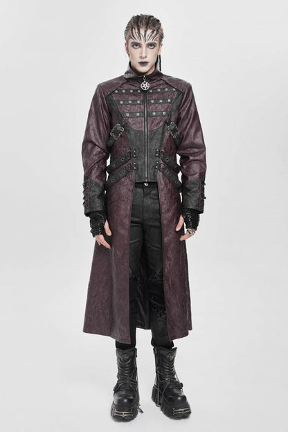 Crimson Mandarin Collar Zip Strap Eyelet Men's Punk Coat