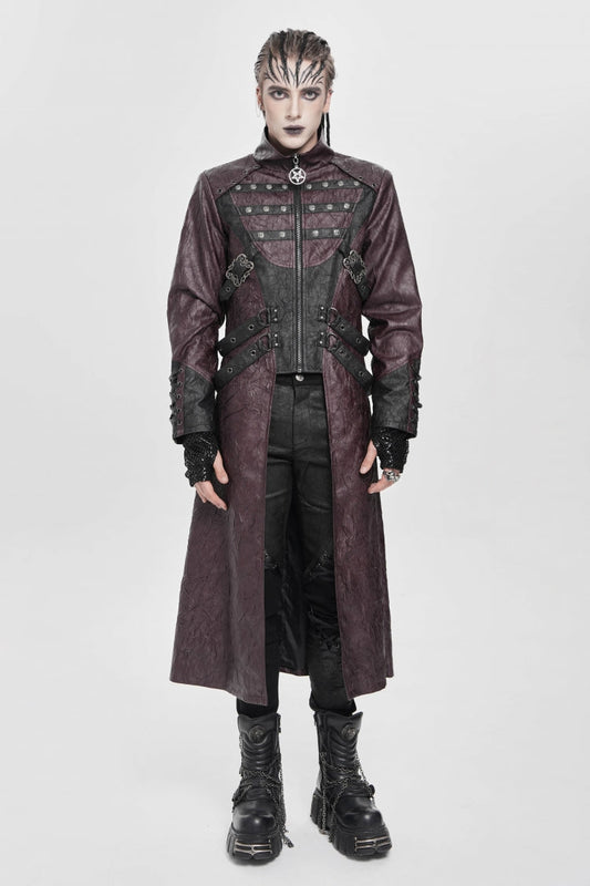 Crimson Mandarin Collar Zip Strap Eyelet Men's Punk Coat