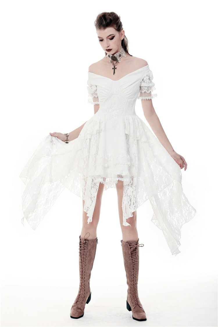 Ivory Off-Shoulder Lace Short Sleeve Steampunk Wedding Dress