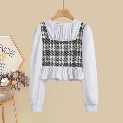 Print Shirt Denim Lattice Fishtail Skirt Set