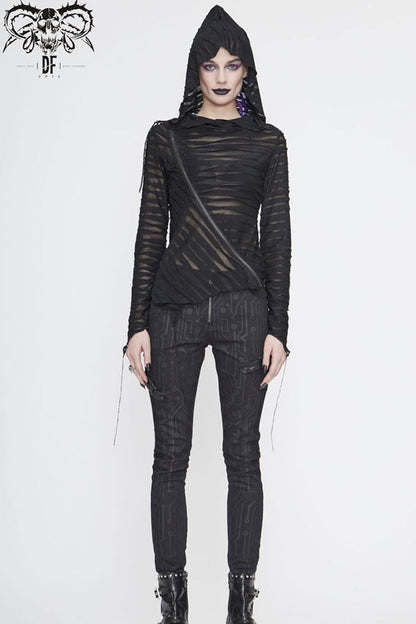 Women's Punk Shirt with Hooded Twisted Knit Slanted Zip Asymmetric Hem