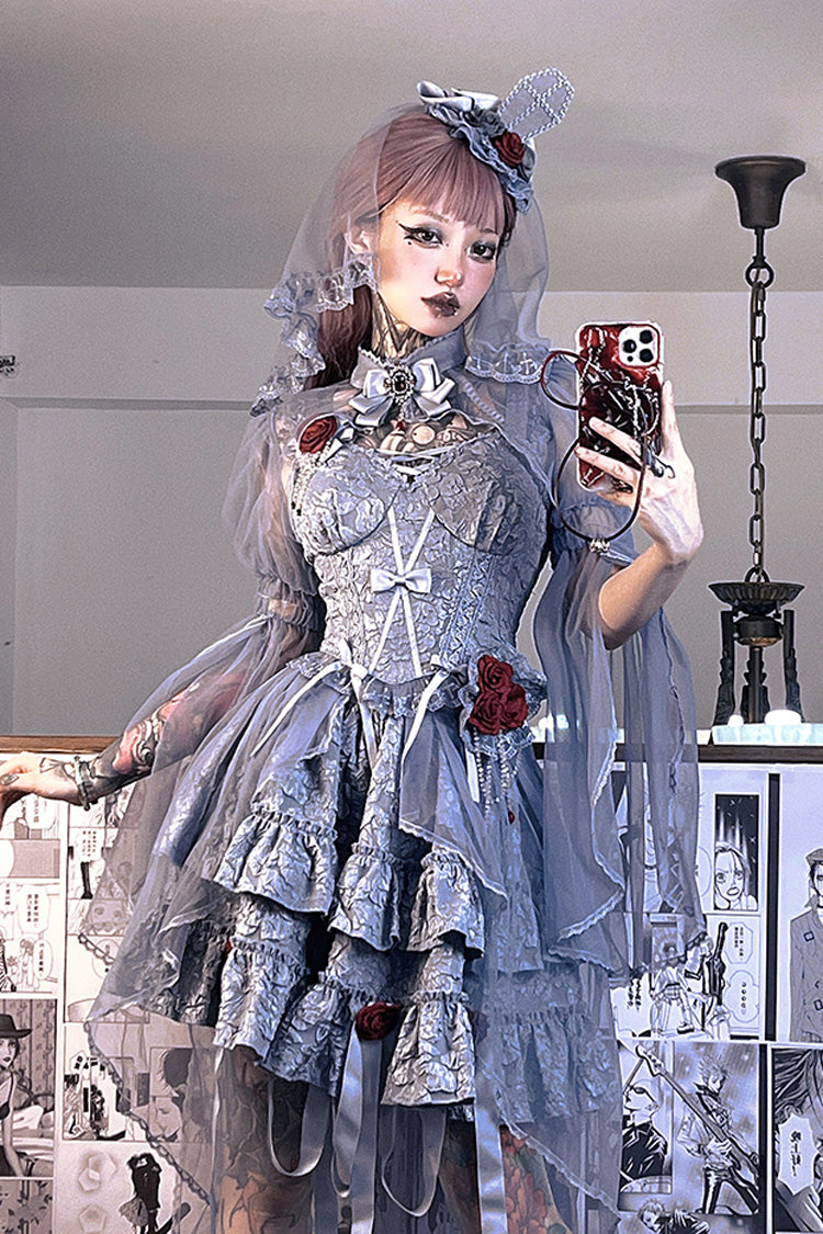 Weeping Rose Double-Layer Ruffle Embroidered Bow Lace Gothic Ballet Set