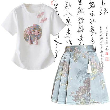 Skirt Waist Print Sweet Pleated High T-Shirt