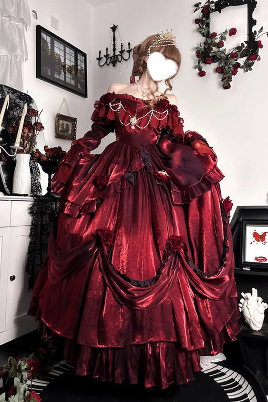 Crimson Tana Manor Rose Long Sleeve Ruffle Bow Elegant Goth Princess Lolita Off-Shoulder Dress