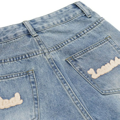 Blossom Button Denim T-Shirt Set Pants Letter