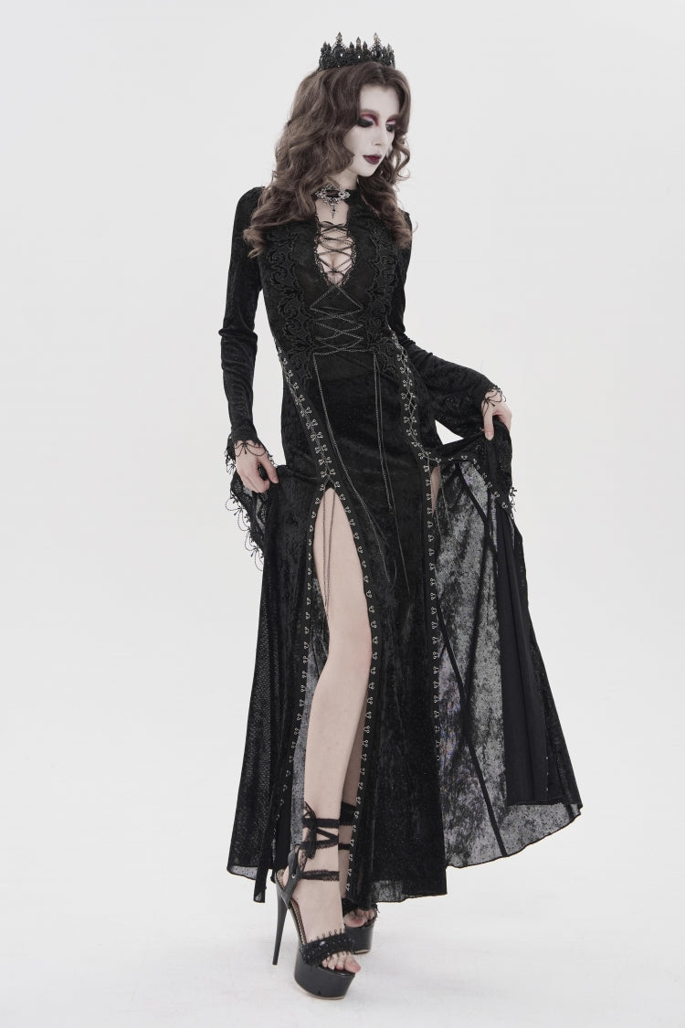 Halterneck Trumpet Sleeve Hanayome Lace Lace-Up Slim Chain Gothic Dress Plunging Split Maxi