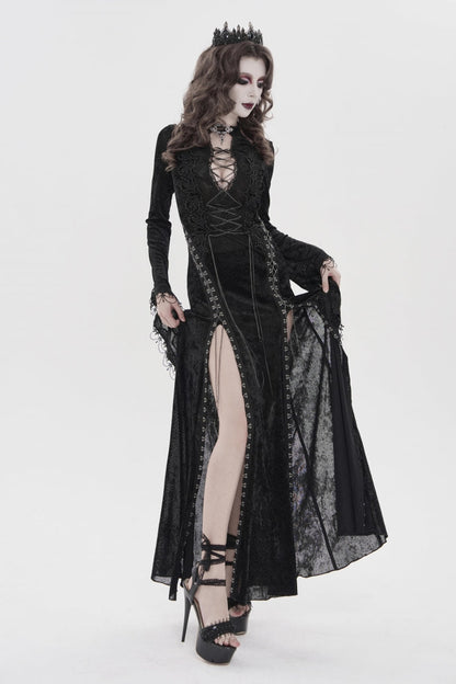 Halterneck Trumpet Sleeve Hanayome Lace Lace-Up Slim Chain Gothic Dress Plunging Split Maxi