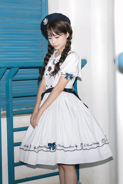 Ivory Navy Stripe Ruffled Embroidered Sweet Lolita Dress
