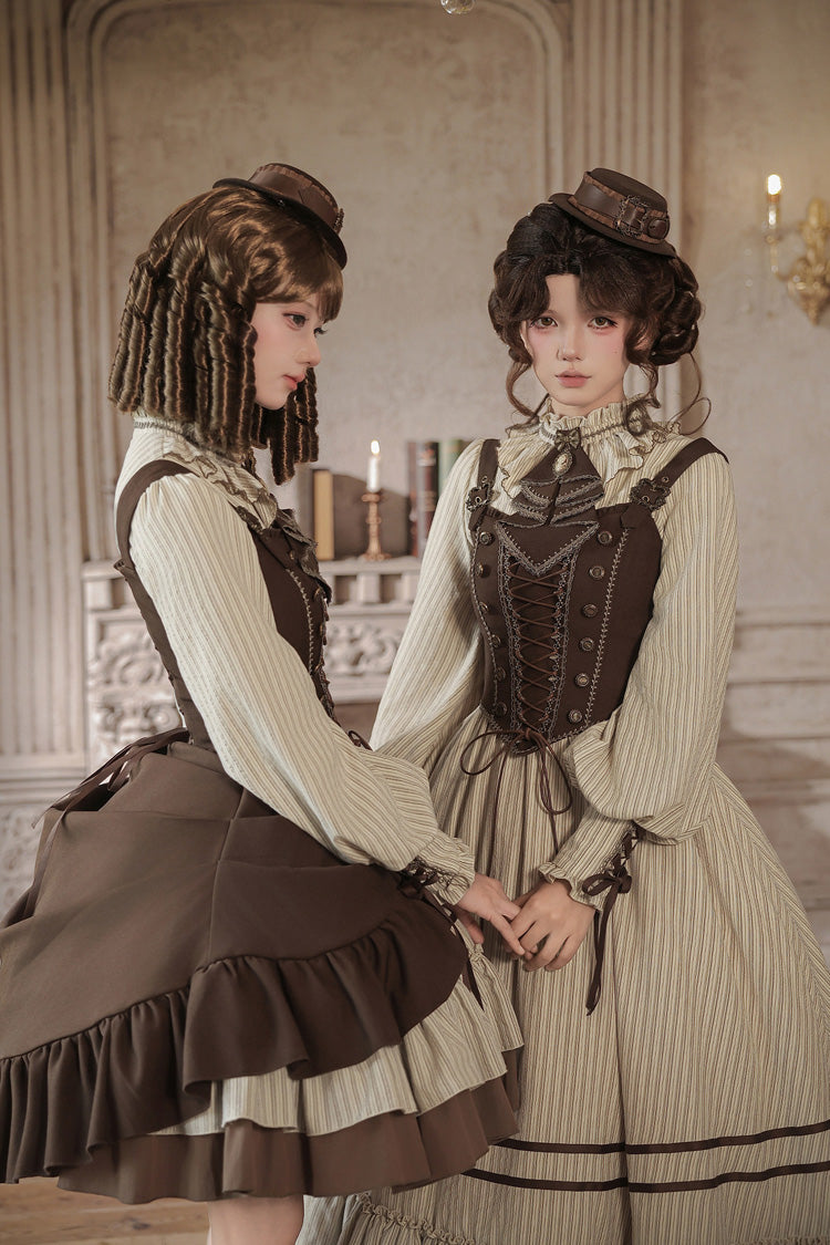 At Sunset Round-Collar Lantern-Sleeved Double-Layered Printed Ruffled Classic Lolita Dress in Beige and Brown, 2 Versions