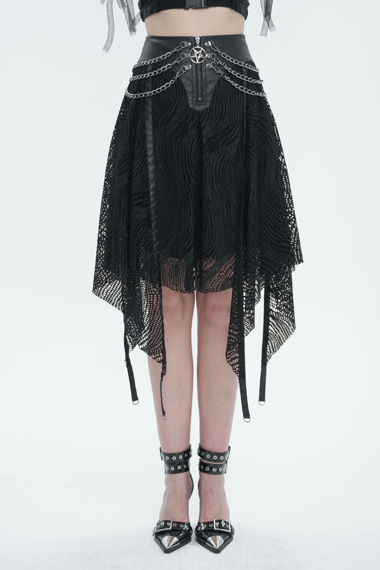 Half Hollow Knit Metal Chain Black Asymmetric Punk Skirt