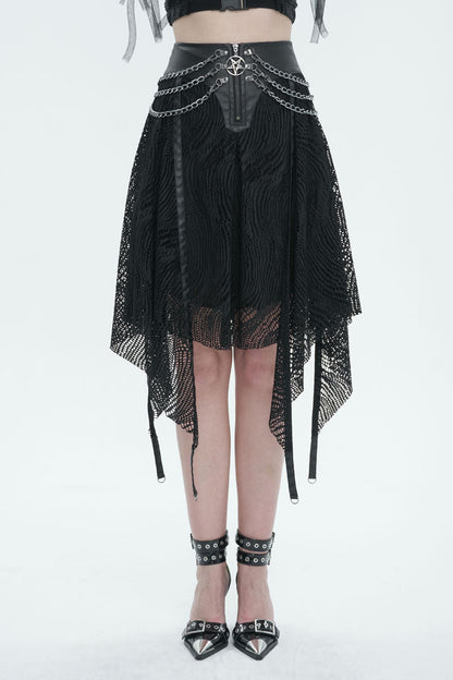Half Hollow Knit Metal Chain Black Asymmetric Punk Skirt