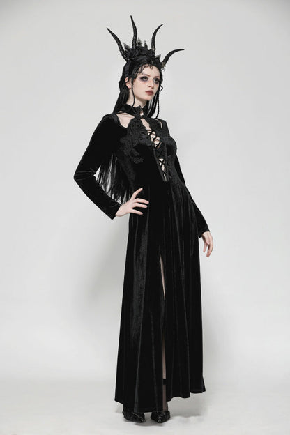 Long Sleeve Cut-Out Lace-Up Gothic Side Slit Velvet Party Wedding Dress