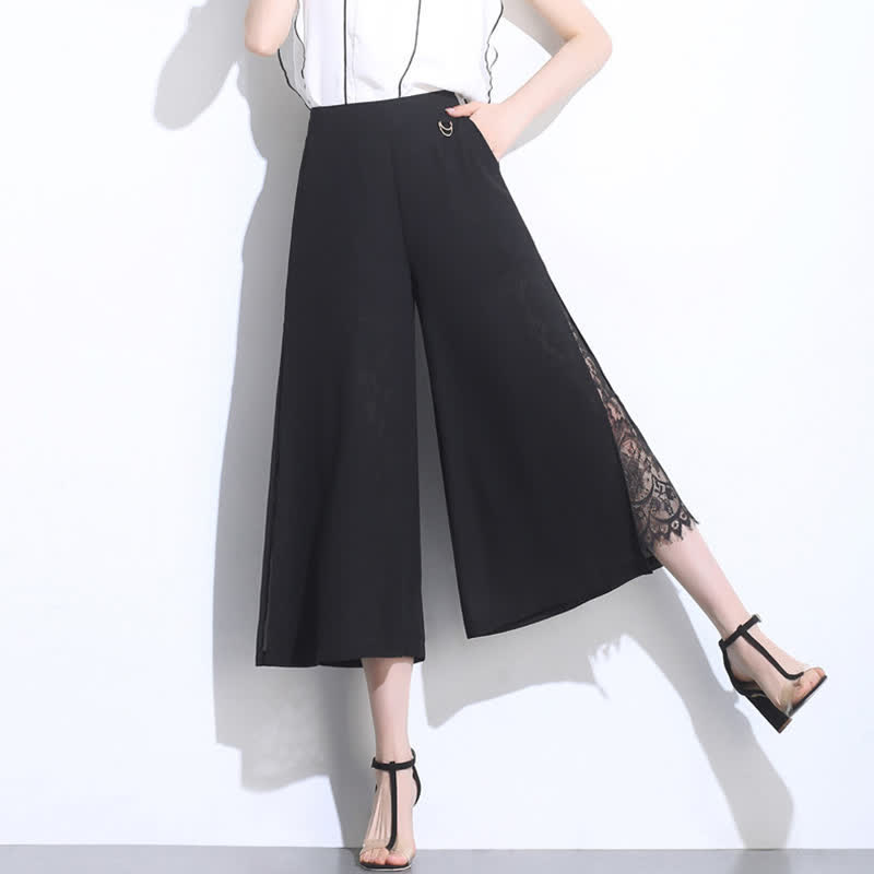 Elegante schwarze Hose mit weitem Bein und Spitzennähten