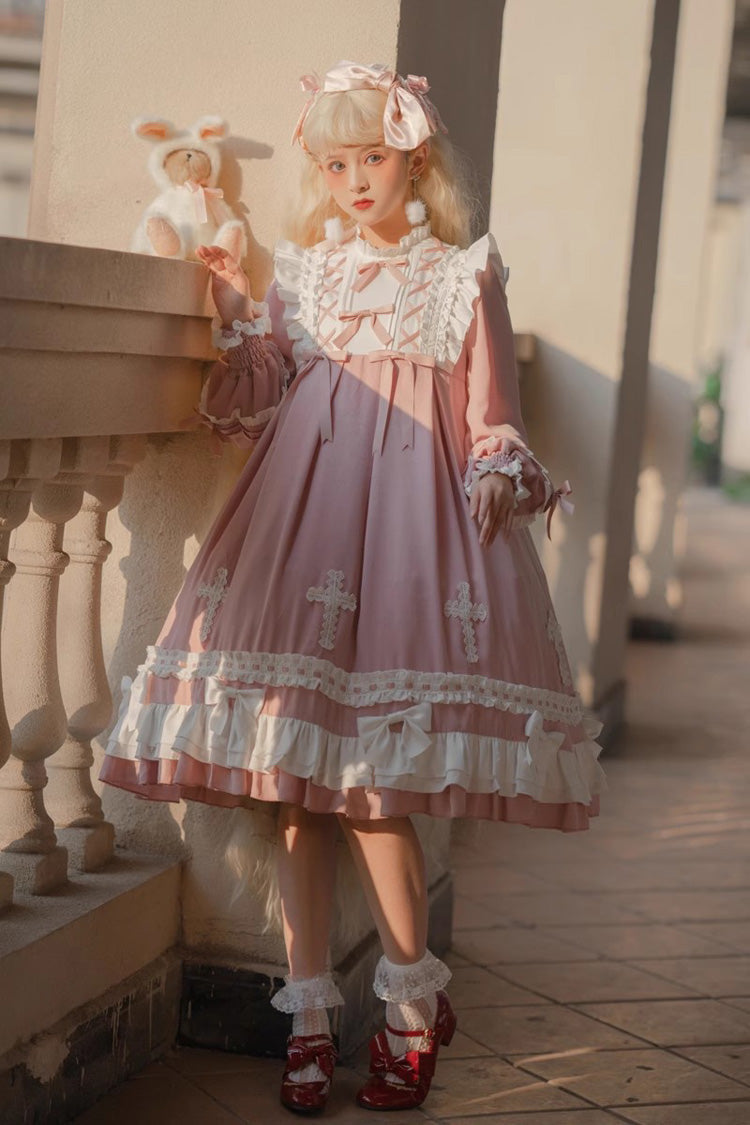 Pink Sweet Lolita Long-Sleeved Lace-Up Tiered Dress with Bowknot