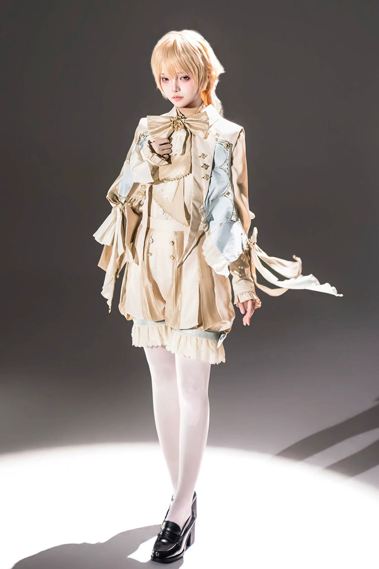 Golden Stand-Collar Long-Sleeve Embroidered Ruffled Bow Ouji Ensemble