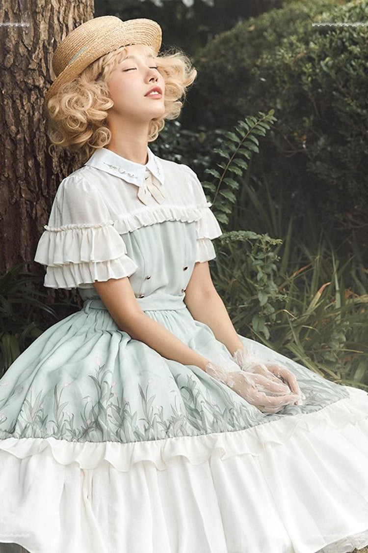 White and Green Lapel-Collar Wizard Of Oz Short-Sleeved Ruffled Bow-Trim Sweet Lolita Dress