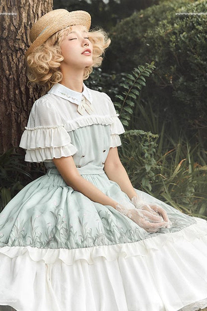 White and Green Lapel-Collar Wizard Of Oz Short-Sleeved Ruffled Bow-Trim Sweet Lolita Dress