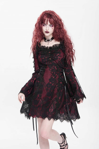 Square Collar Long Sleeve Floral Lace Lace-Up Gothic Dress