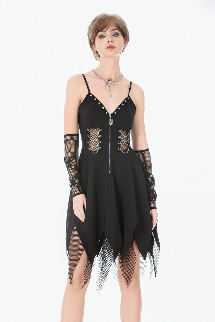 Studded Mesh Punk Slip Dress with Zippers