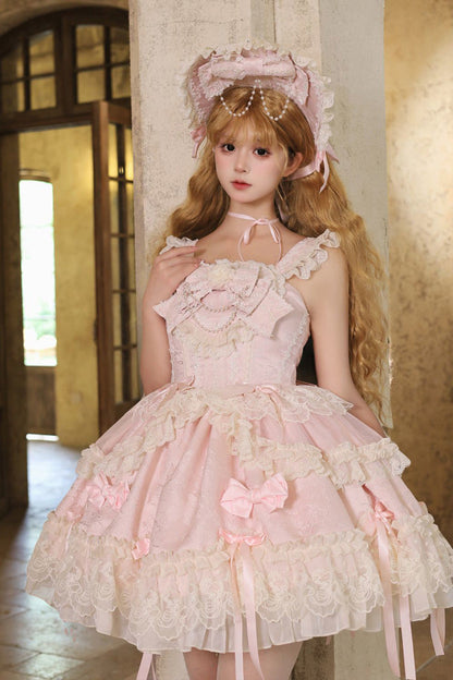Pink Blossoming Heart Love Sleeveless Dark Jacquard Print Bow Lace Sweet Lolita Jsk Dress