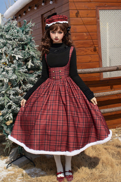 Crimson Striped Tartan Print Autumn Winter Fishbone Sweet Corset Lolita Dress