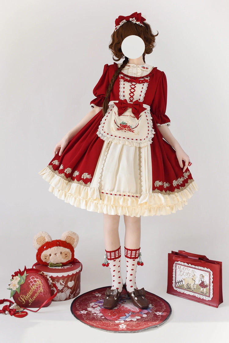 Crimson Tochigi Girl Two-Tier Ruffle Embroidered Cardigan Sweet Lolita Set