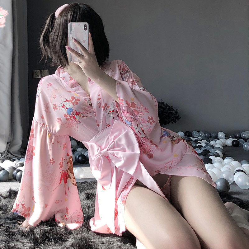 Sakura Mice Print Kimono Bathrobe