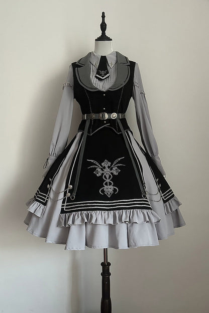 Black Blue Dark Knight Contract Print Ruffle Gothic Military Elegant Skirt
