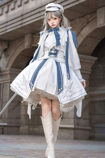 White Blue Star Knight Print Punk Military Princess Handsome Ouji Skirt