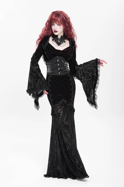 Trumpet Sleeve Embroidered Lace Hooded Mesh Gothic Dress