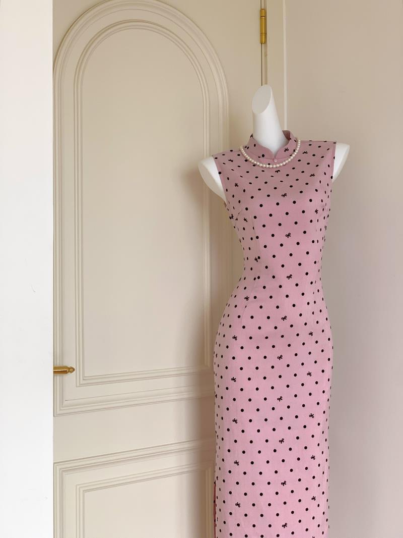 Women's Pink Polka Dot Improved Qipao Dress | Sleeveless Slim Fit Chinese Style Dress