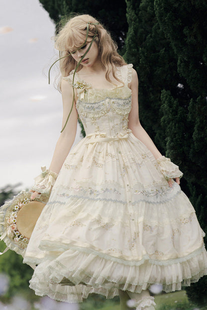 Multicolor Daisy Poetry Print Ruffle Lace JSK Dress