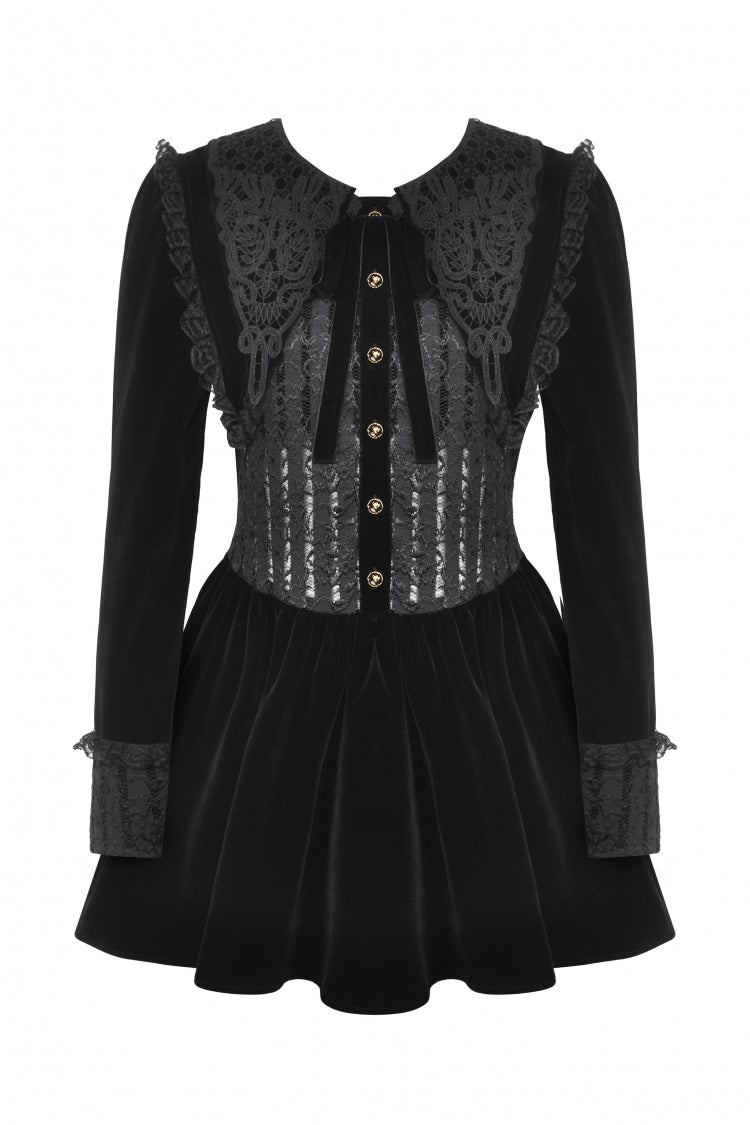 Obsidian Lace Velvet Mini Dress with Long Sleeves