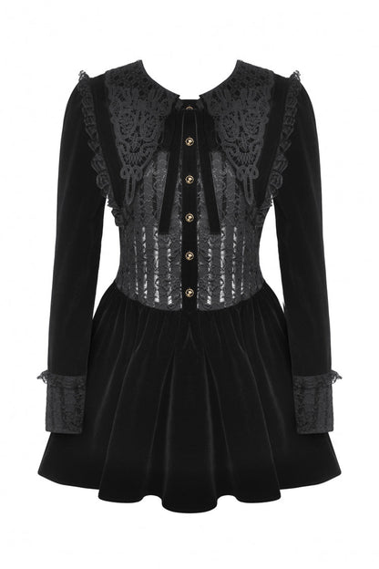 Obsidian Lace Velvet Mini Dress with Long Sleeves