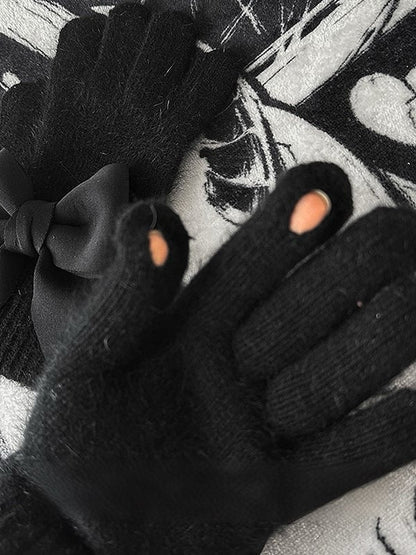 Black Gothic Bowknot Cutout Details at Finger Pads Gloves