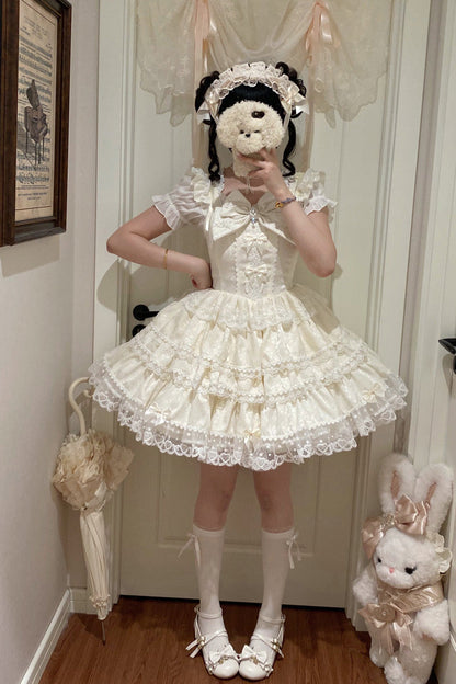 Sweet Mist Cherry Romance Sleeveless Multi-Layered Hanayome Bow Lace Lolita JSK Dress in Beige