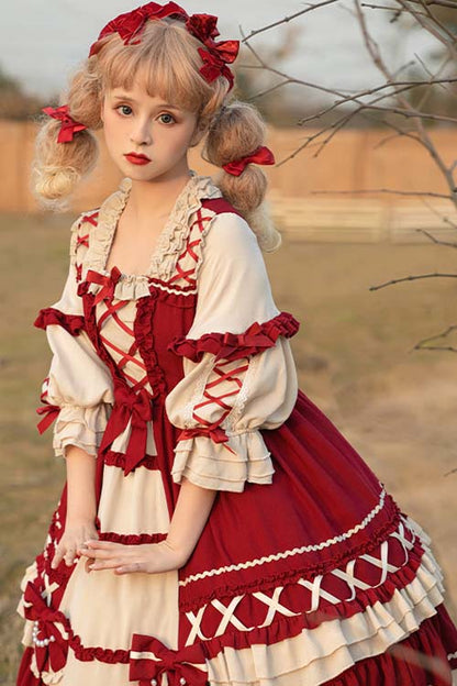 Sweet Lolita OP Dress with Square Neck and Ruffled Long Sleeves