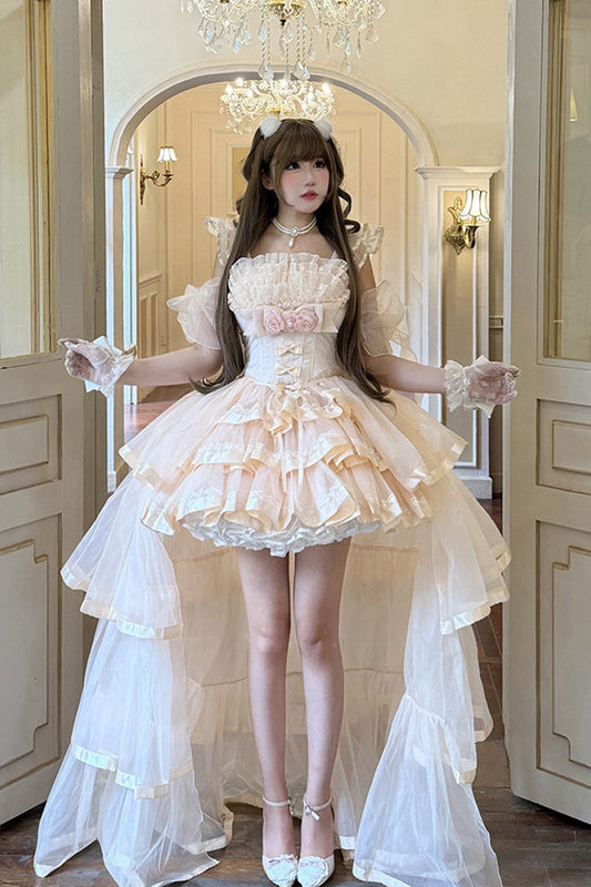 Rose Mousse Love Song Off Shoulder Sleeveless Triple Ruffled Bride Bow Elegant Ballet Short Set