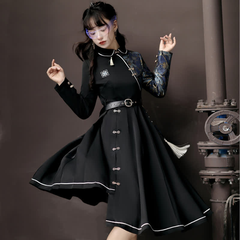 Black Lapel Floral Embroidery Button Splice Irregular Dress With Belt