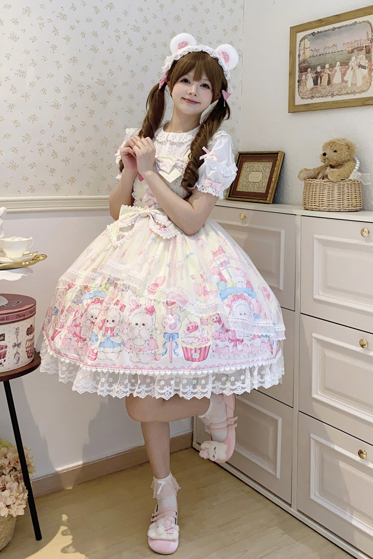 Golden Rabbit Print Ruffled Bow Lace Sweet JSK Attire