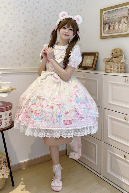 Golden Rabbit Print Ruffled Bow Lace Sweet JSK Attire