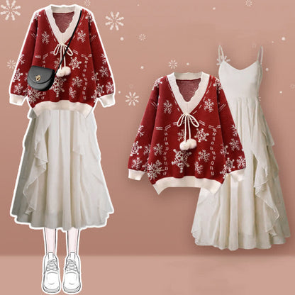Fuzzy Flouncing Dress Sweater Print Slip Ball Snowflake