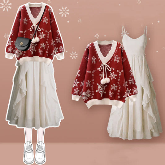 Fuzzy Flouncing Dress Sweater Print Slip Ball Snowflake