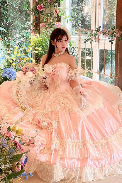 Pink Ruffle Bridal Bow Lace Sweet Princess Lolita Jumper - Love and Roses