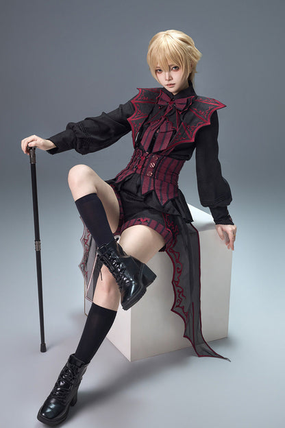 Demon Ritual Stand Collar Ouji Shorts Set with Embroidery - Noir