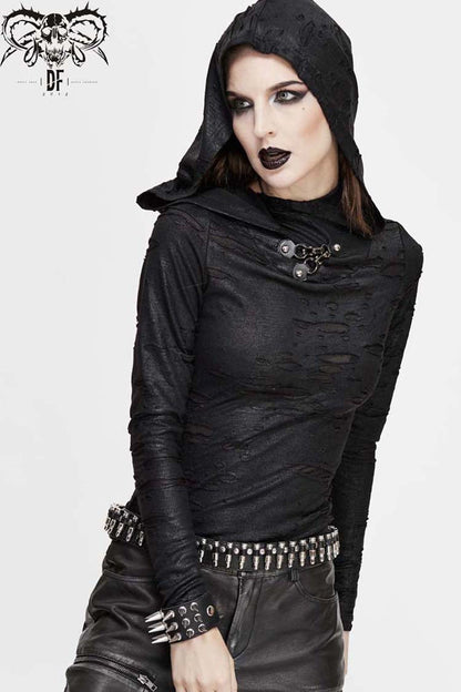 Women's Punk Shirt with Hooded Snakeskin Ripped Print Triangle Metal Studs