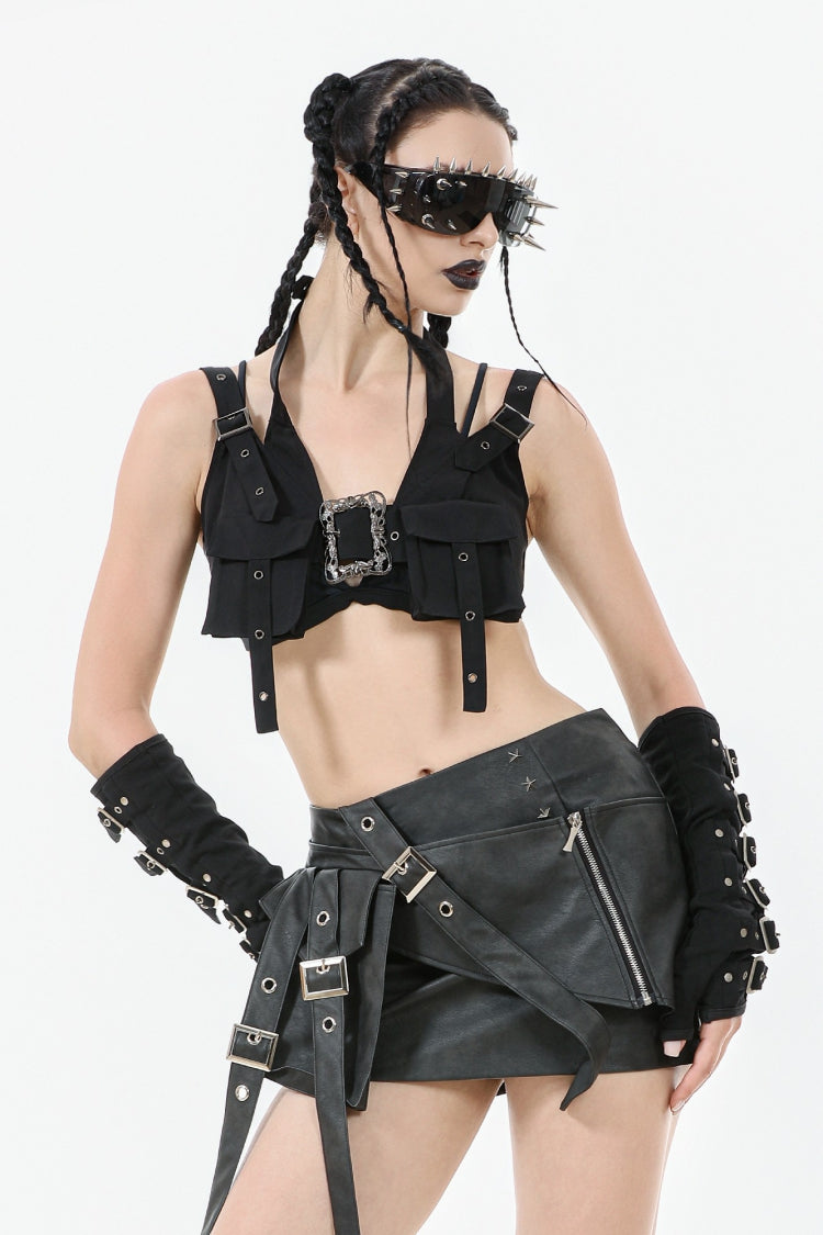 Punk Women's Short Skirt with Faux Leather Straps and Zippered Detail