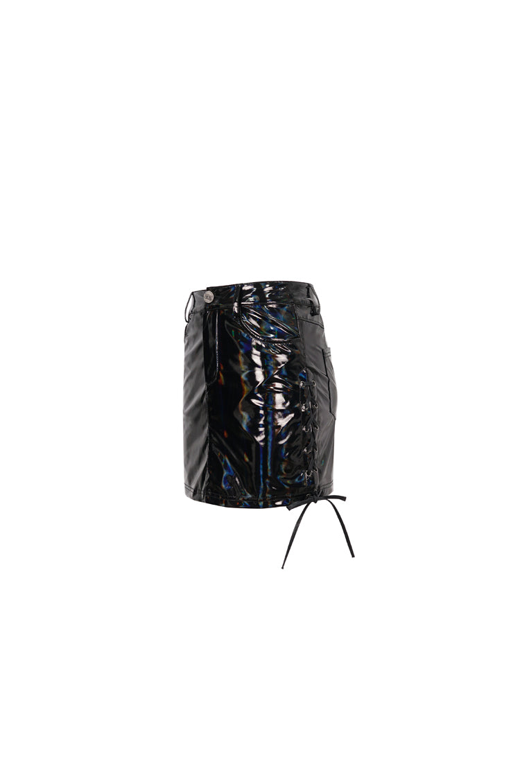 Gothic Women's Adjustable Side-Slit Mirrored Iridescent Black Skirt