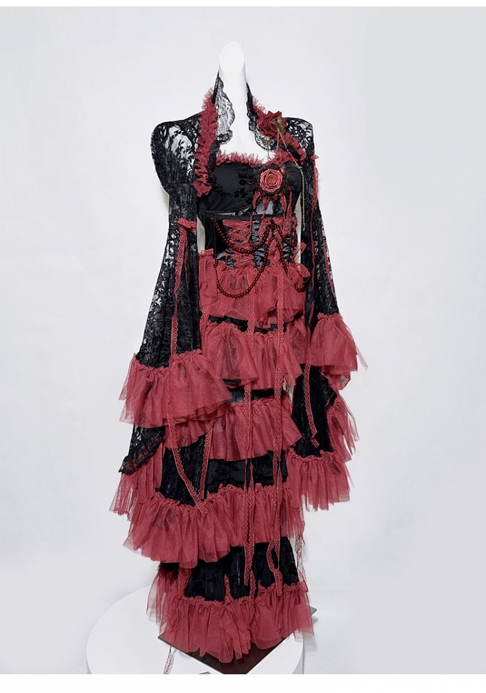 Black&Red Gothic Set- Cami Top+Lace Bell Sleeves Bolero Beaded Chain Tiered Skirt